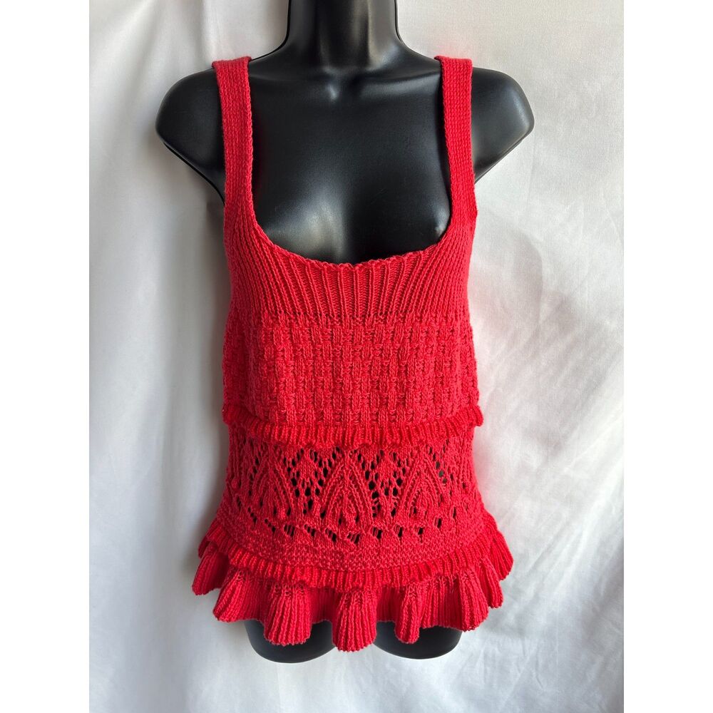 Heartloom Red Crochet Chunky Knit Top Sweater Tank Size XS Girly Ruffles Flirty
